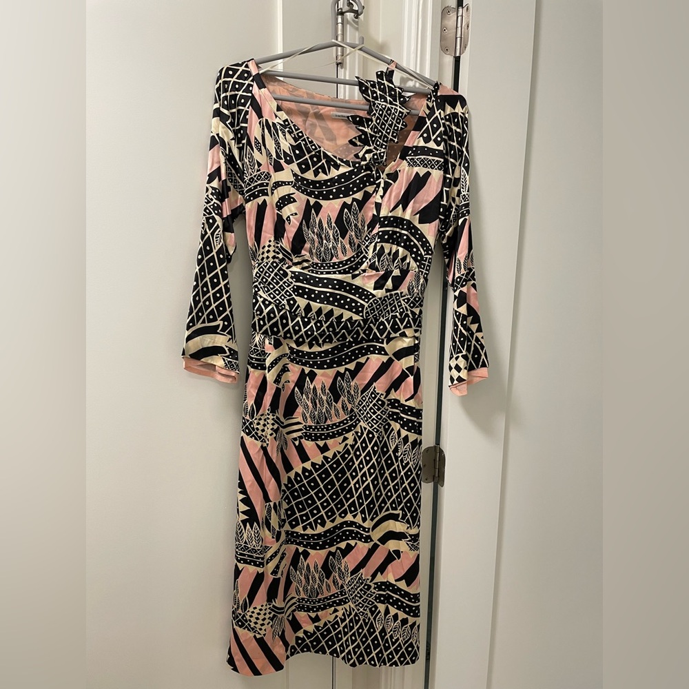 Pink Cream Black Silk Dress with Ruched Waist and Raglan Sleeves